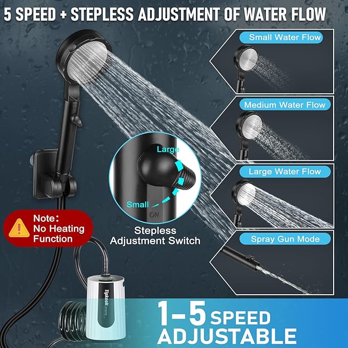 Portable Shower for Camping Essentials: 10000mAh Rechargeable Battery Powered Shower IPX8 Waterproof Camp Shower Pump 5-Speed Outdoor Shower with LED Display Camping Gifts for Men Dog Bath Hiking