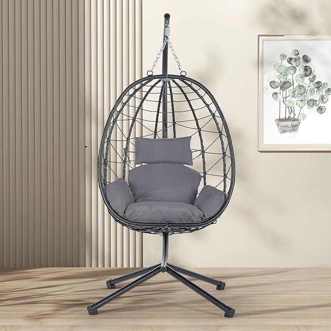 Hanging Egg Chair with Stand Black Wicker Rattan Swing Egg Chair Indoor Outdoor Swing Chair for Patio Balcony Porch Bedroom 350 LBS Capacity (Dark Gray)
