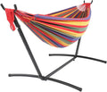 Black Steel Pipe Hammock Frame with 200X150cm Polyester Cotton Hammock Four Red Strip Natural Rope Iron Hammock Set