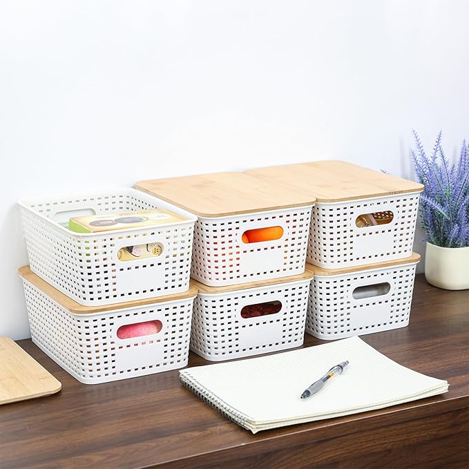 PENGKE Plastic Storage Bins With Lid Stackable Organizing Container Woven Lidded Storage Organizer Baskets for Shelves Drawers Desktop Closet Playroom Classroom Office6 Pack