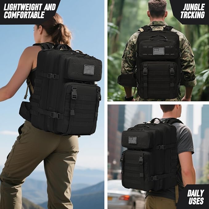 Tactical Backpack for Men Water Resistant 46L Military Backpack Large Army 3 Day Assault Pack for Hiking Camping Gym with Molle System Black