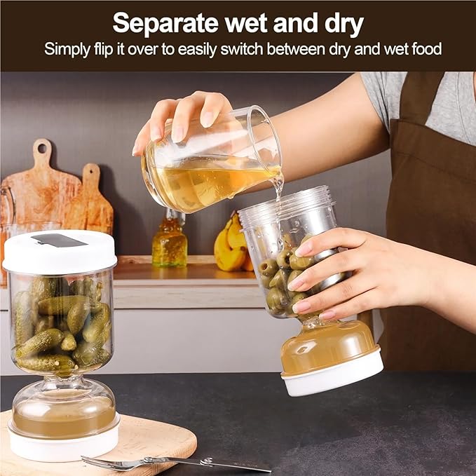 Glass pickle jar with filter flip lid 2-pack pickle container olive hourglass jar dry and wet seal pickle juice separator pickle storage jar 34 oz