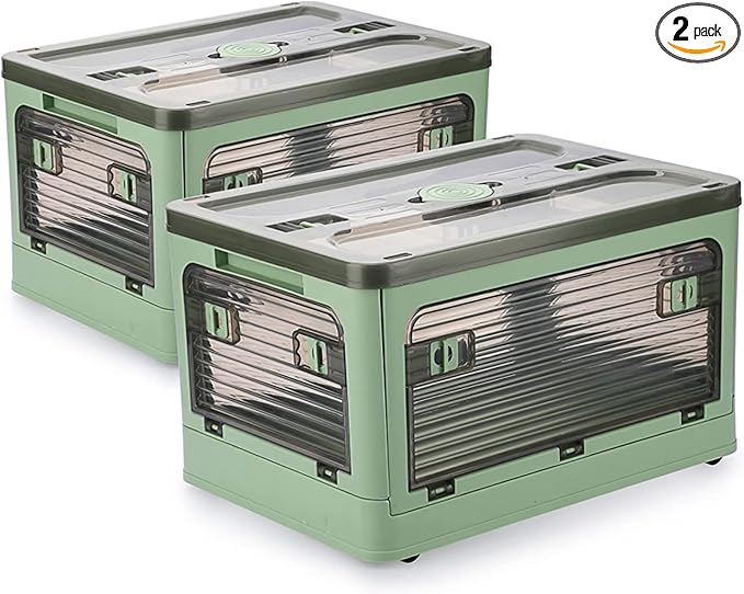 Folding Storage Bins 36 Liters 2 Pcs Green Plastic Storage Containers with Wheels Four Doors Foldable Stackable Plastic Box with Lids for Organization Storage Cart