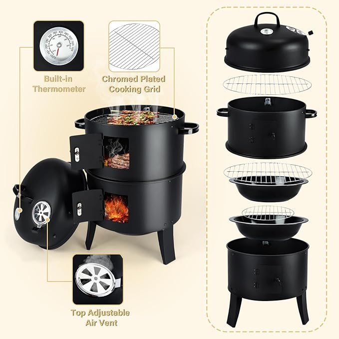 TCFUNDY 32 Vertical Charcoal Smoker Grill Heavy-Duty BBQ Grill with Built-in Thermometer 3 in 1 Grill and Smoker Portable Meat Cooker with Air Vent for Outdoor Barbecue Cooking