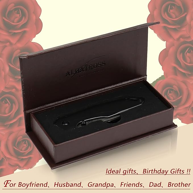 Father‘s Day Mother‘s Day &amp Birthday Gift for Him Her: ALBATROSS 7 EDC Pocket Knife - VG10 Damascus Steel Blade Liner Lock Retro Blackwash Handle Belt Clip &amp Gift Box | Folding Design for