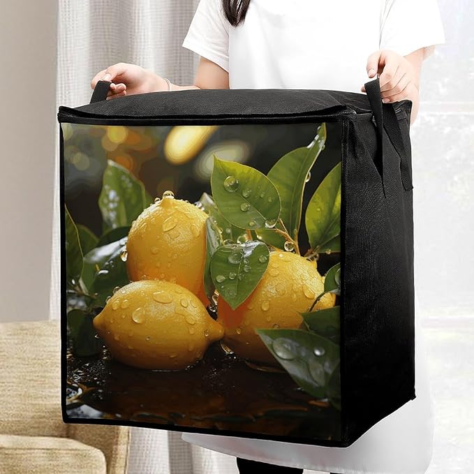 Comforter Storage Bag Clothes Storage Bins with Lids Foldable Fresh Lemon Print Storage Containers for Clothing Blanket Bedding Comforter