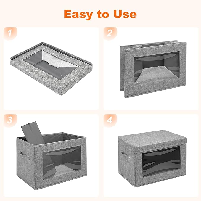 4-Pack Fabric Storage Bins with Lids Foldable Storage Boxes with Handles &amp Clear Window Closet Organizers for Clothes Books (Grey 4PCS/14.9 x 9.8 x 9.8 in)