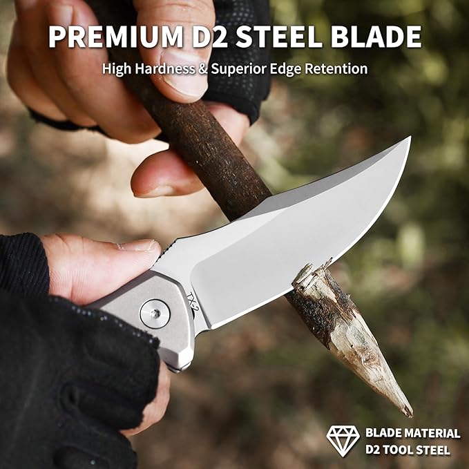 Small EDC Pocket Knife for Men &amp Women - 3 Trailing Point D2 Blade Titanium Handle with Button Lock &amp Pocket Clip | Small Slim Cool Folding Knife for Daily Carry Camping Hiking &amp Outdoo