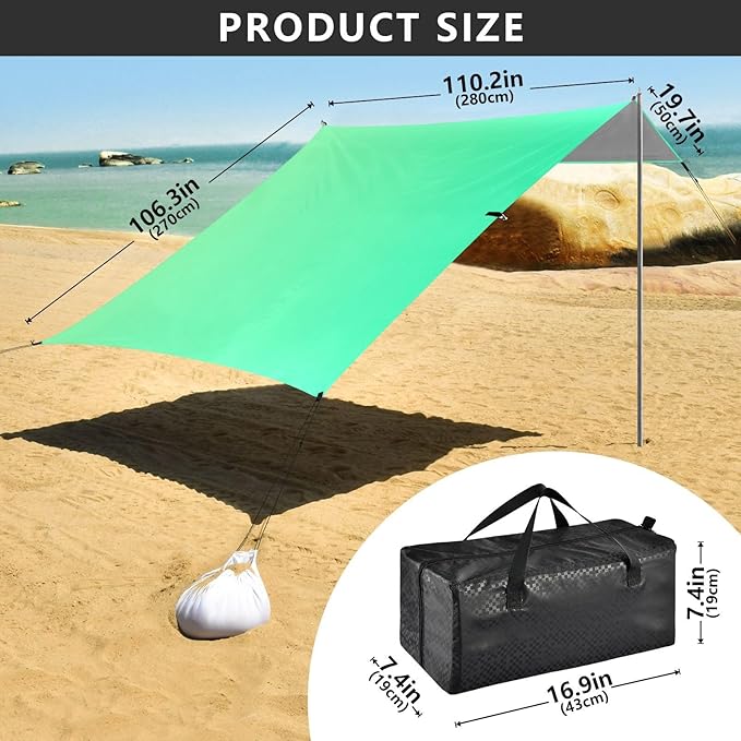 Green Gradient Beach Cabana UPF50+ Easy Setup Portable Sun Shelter with Sandbags and Shovel for Backyard and Camping