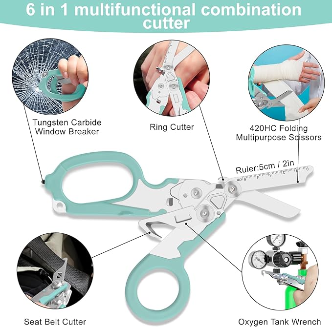 6-in-1 heavy-duty/trauma shears Folding Retractable Emergency Shears Outdoor Camping Tools Seat Belt Cutter Oxygen Cylinder Wrench Complimentary Adjustable Wrench (Aqua blue)