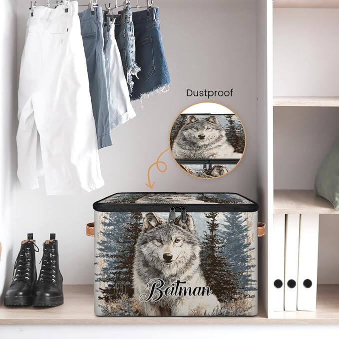 Storage-Bins with Lids Personalized Closet-Storage-Bins Under-Bed Stackable-Cubes-Box for Home Bedroom Wolf
