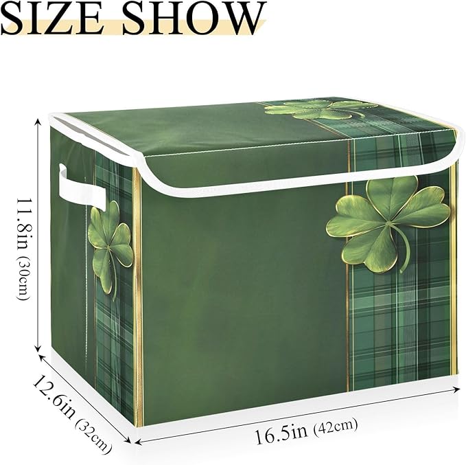 Storage Baskets with Lids Green Plaid Clover Collapsible Bins Stackable Fabric Linen Baskets Closet Organizer Container 16.5x12.6x11.8