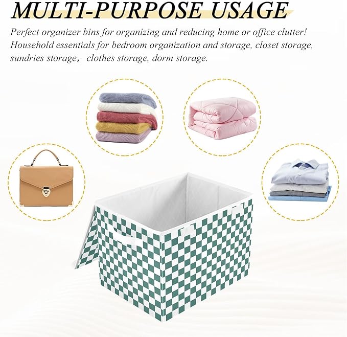 Teal Green White Checkered Storage Bins with Lids Foldable Storage Boxes Cube Closet Storage Baskets Container Organizers for Home Bedroom Office