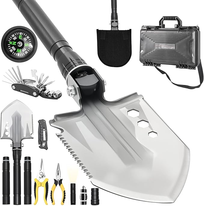 Folding Camping Shovel Axe KitMultifunctional Survival Shovel with Stainless Steel Pickaxe pliersCompassLocking scissorsMagnetic flashlight- For Camping Snow Hiking Survival Gear