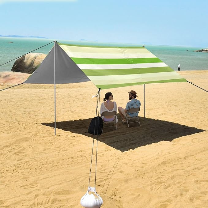 ALAZA Bright Green White and Khaki Stripes Beach Tent Sun Shelter Portable Canopy Sunshade for Outdoor Camping Picnics Backyard Fun 10x9 ft
