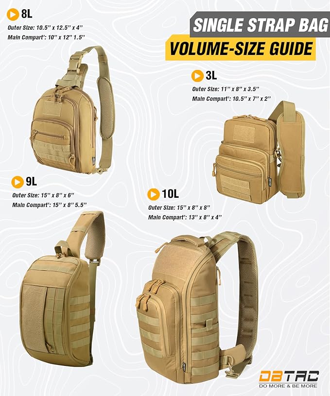 DBTAC Compact 9L Tactical Sling Bag with Removable Elastic Organizer Panel Everyday Carry Shoulder Pack for EDC Tools First Aid Travel Outdoor Sports (Brown)