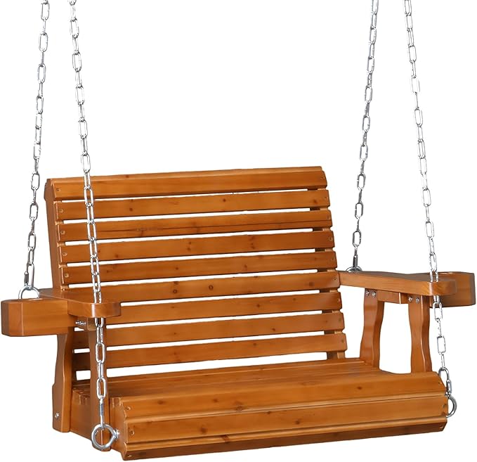 VINGLI Heavy Duty 440 LBS 1-Person Wooden Patio Porch Swing with Deeper Seat &amp Higher Backrest &amp Extra Cup Holder for Adults &amp Kids Outdoor Single Porch Swing for Porch Yard Balcony Tr