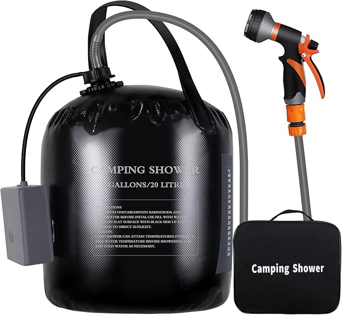 Brand Electric Portable Solar Camping Shower 20L (5Gal) - 4400mAh USB-C 90-120min Runtime 8 Modes Adjustable Pressure Food-Grade Material for Camping Hiking Beach RV Backpacking
