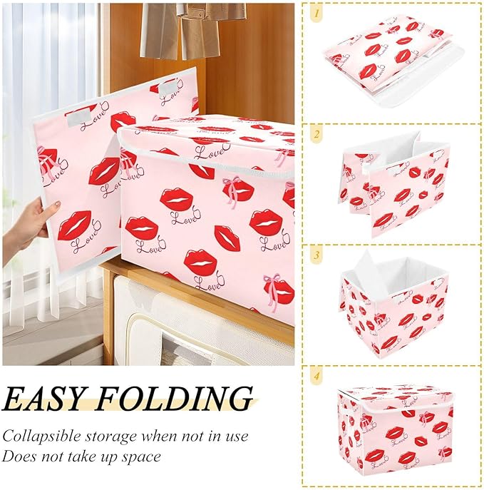 Collapsible Storage Bins with Lids Red Lips with Love Foldable Fabric Organizer Baskets for Closet Home &amp Seasonal Decor 16.5x12.6x11.8 Inches