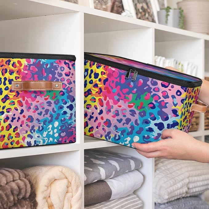 Storage Bin with Lid Leopard Stackable Closet Storage Bins Decorative Bedroom Organizer Box Lidded Baskets Living Room Storages Boxes Cube Organizer Cute Container with Handles