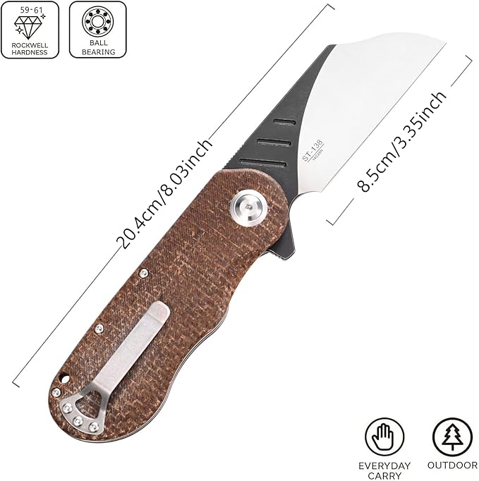 Sitivien ST138 Folding KnifeSandvik 14C28N Stainless SteelMicarta Handle EDC Knife for Outdoor CampingHikingFishing(Brown)