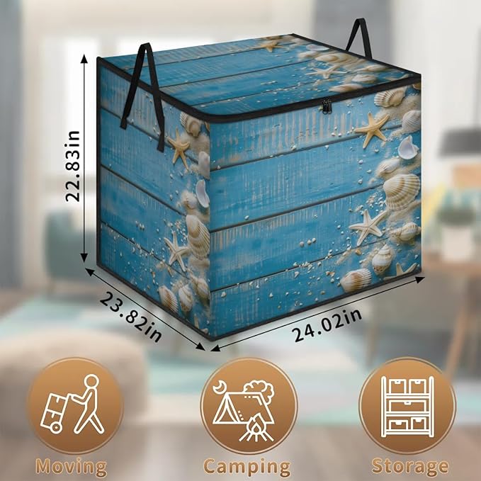 XL Large Clothes Storage with Lid Handle Summer Beach Large Thick Clothes Blanket Storage Containers for Organizing Bedroom Closet Comforter Beach Theme Seashells Starfish