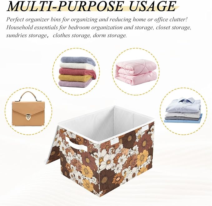 Boho Florals Storage Cube Bins Basket with Lid Collapsible Flip-top Fabric with Handle for Home Bedroom Closet Office 16.5×12.6×11.8 in