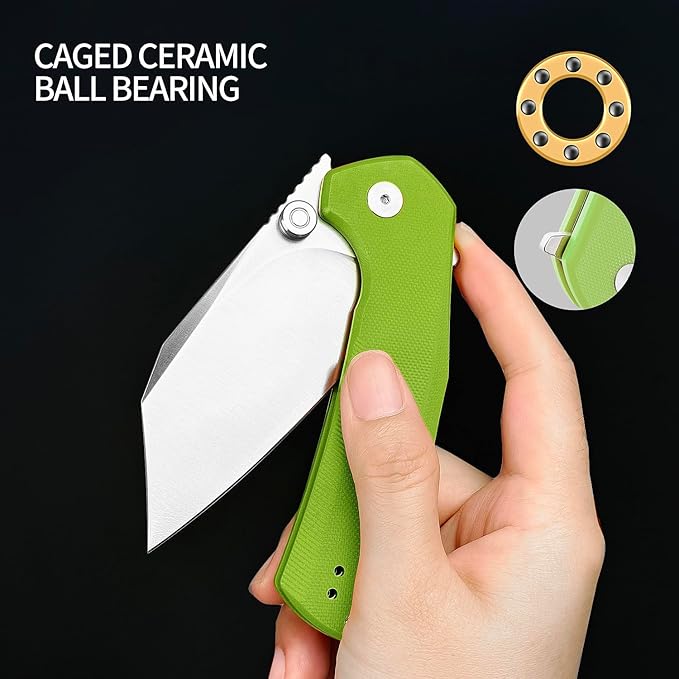 ioko Folding Pocket Knife 3.5-Inch D2 Steel Blade G10 Handle EDC Camping Survival Knife with Clip (Green)