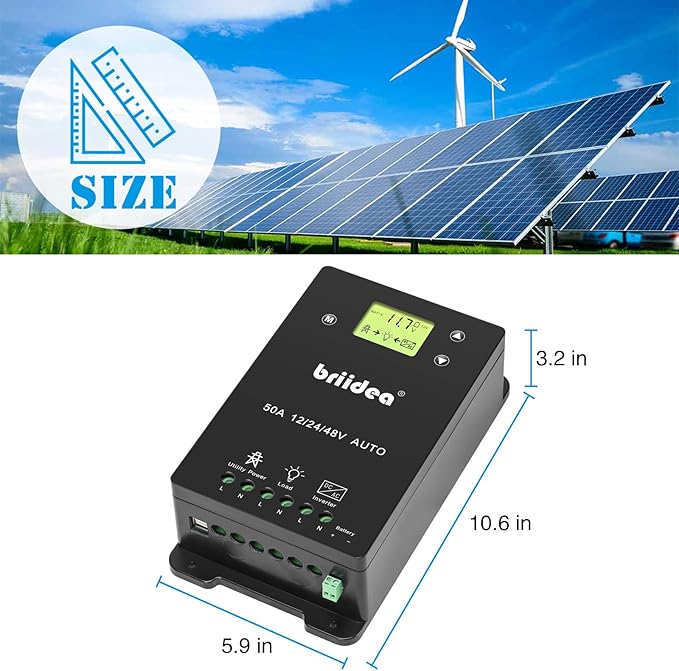 briidea Automatic Transfer Switch 50A 5500 Watt ATS Dual Power Controller for Off Grid Solar Wind Systems DC 12V 24V 48V AC 110V 220V Black