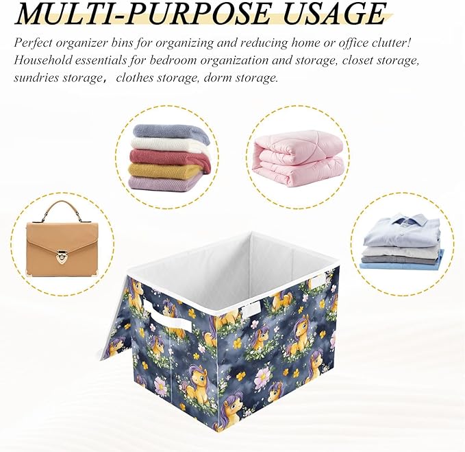 Storage Cube with Lid Cute Horses Print 16.5×12.6×11.8 IN 1 Pack Collapsible Large Capacity Foldable Storage Basket Bin Organizer