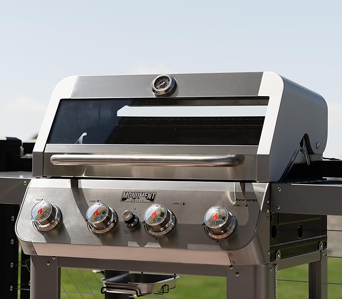 Monument Grills 4-Burner Liquid Propane Gas Grill Silver Stainless Steel Grill Outdoor Patio Garden Barbecue Grill with Clearview® Lid and One Foldable Shelf Mesa400MF