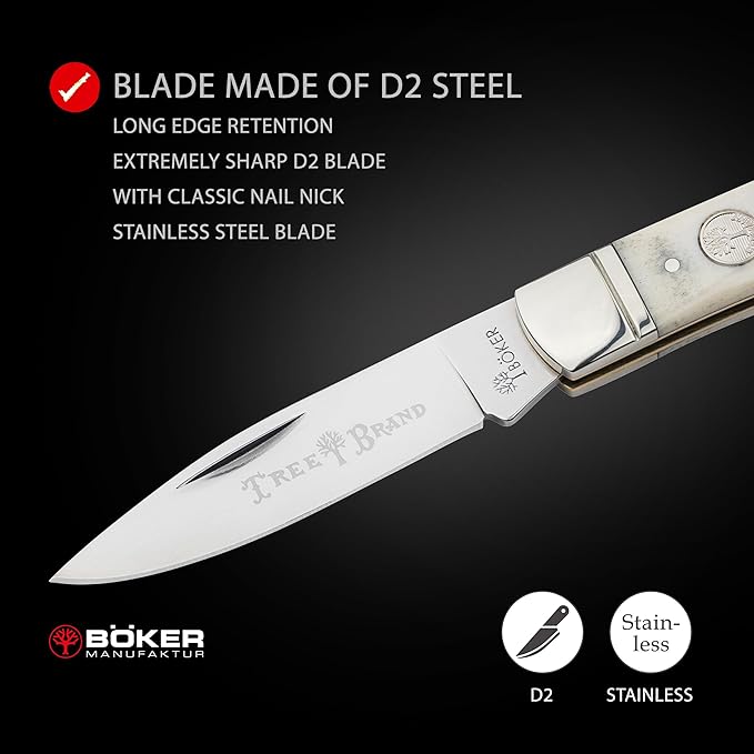 BOKER TREEBRAND – Lockback Smooth White – Medium Pocket Knife with One Super-Sharp D2 Blade &amp Nail Nick – Classic Gentleman Folder with White Bone Handle Scales &amp Backlock – Made in Germany