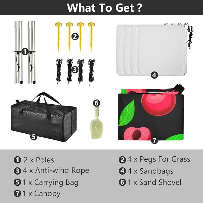 Beach Canopy with Windproof Ropes &amp Sandbags Beach Tent Sun Shade Sun Shelter for Camping Trips Fishing Backyard Fun or Picnics Red Cherries