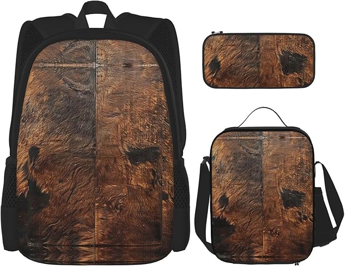 Brown Cowhide Art Backpack With Lunch Box 3 In 1 Set With Pencil Case Large Capacity Backpack With Chest Strap