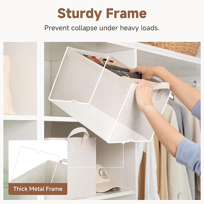 StorageWorks Storage Bins Shelves Baskets for Organizing Large Fabric Closet Organizers with Handles Metal Frame Beige-Cotton-linen 2-Pack