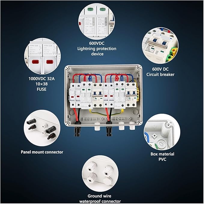 CAARLA Solar Combiner Box Outdoor 2 String 2 Input 2 Output 600V IP65 PV Solar Surge Protection DC Combiner Box(DC Fuse 15A)