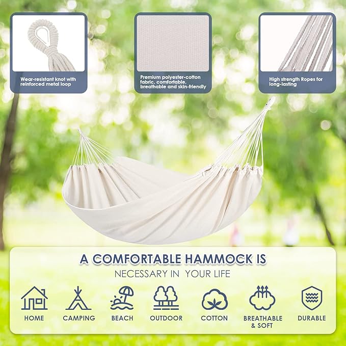 Gold Armour Brazilian Style Hammock with Tree Straps for Hanging Portable Single Double Hammock for Camping Outdoor Indoor Patio Backyard (Beige White)
