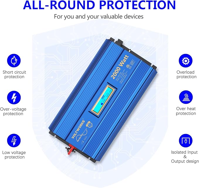 2000Watt Pure Sine Wave Power Inverter 12V DC to 110V 120V AC ETL UL458 Compatible with Lithium Battery Starlink for Off-Grid Solar RV Home Truck with 2.4A USB Ports &amp 1AC Terminal Block by VOLTWO
