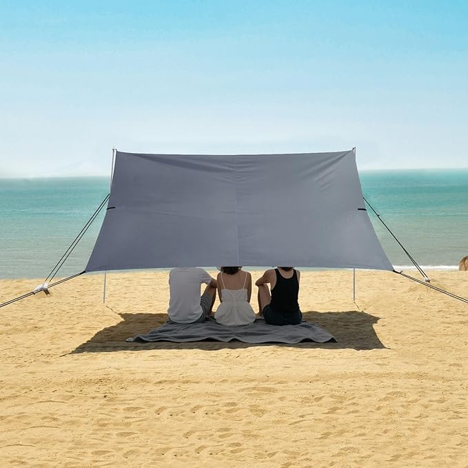 Blue Grey Gradient Beach Tent &amp Canopy UPF50 Lightweight Large Portable Sun Shelter Includes Sand Shovel Sandbags Stability Poles for Camping Picnics Backyard &amp Fishing