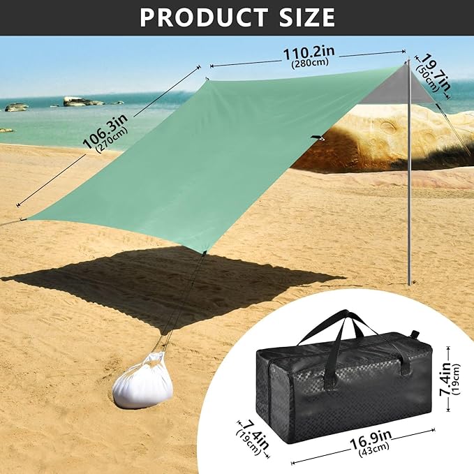 Sage Green Solid Color Pure Plain Foldable Beach Cabana UPF50+ Waterproof Portable Sun Shelter with Sandbags and Shovel for Family Trips Picnics &amp Camping