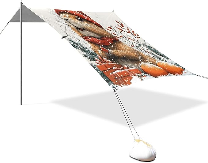 ALAZA Christmas Squirrel Beach Tent Sun Shelter UPF50+ Protection Beach Shade Canopy w/ 4 Sandbags for Outdoor Camping Fishing Backyard Fun Picnic 10x9 ft