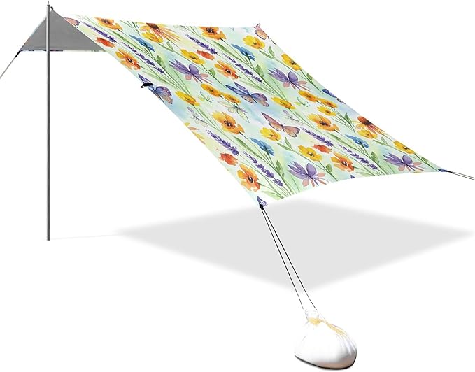 Wildflowers Beach Canopy Sun Shelter with Sandbags &amp Sand Shovel &amp Windproof Ropes - Portable 110x126 Beach Shade Beach Tent for Camping Picnics