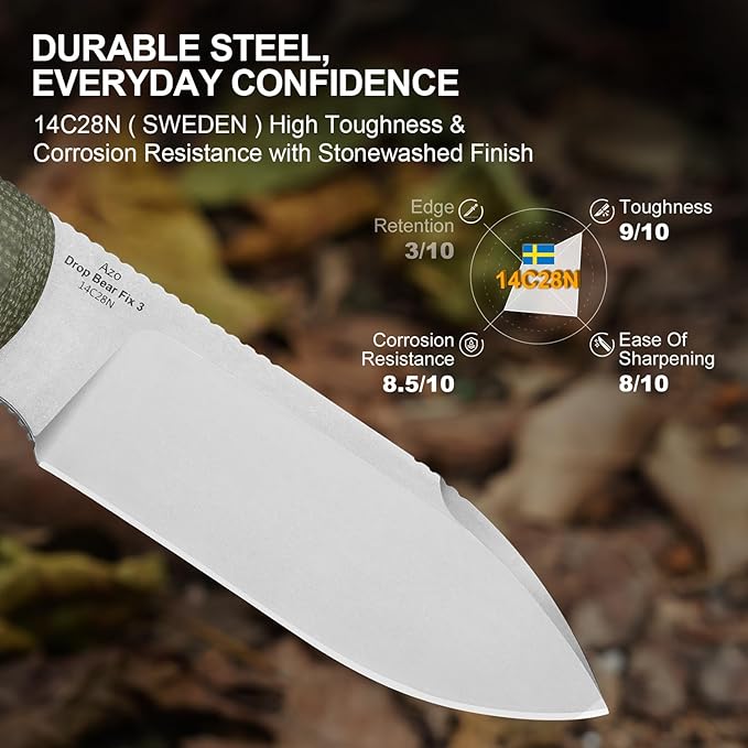 Kizer Drop Bear Fix 3 Fixed Blade Knife 3.8 14C28N Blade EDC Camping Knife with Green Micarta Handle Small Hunting Knives with Sheath Outdoor Survival Knives with Pocket Clip and Lanyard 1101A2