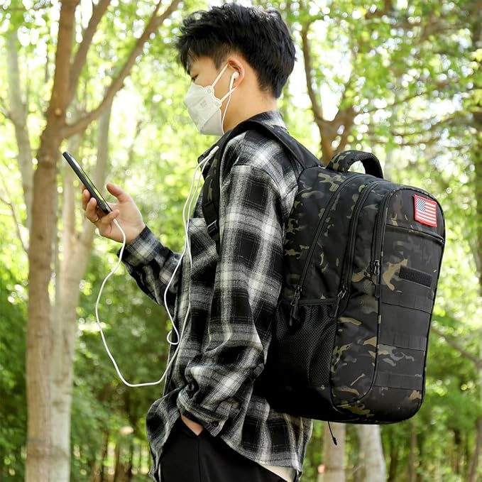 outdoor plus Camo BackpackMilitary Boys Backpacks for School40L Army Bookbag with USB Charging Port Waterproof