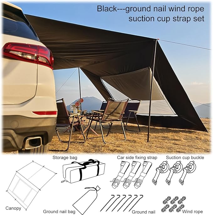 Car Awning – 48x28cm Oxford Mesh Black/Khaki Vehicle Shade Shelter Tailgate Canopy Cover Window Vent Screen | Ideal for SUV Travel RV Campsite Shade Backyard Outdoor Relaxing Truck Rest