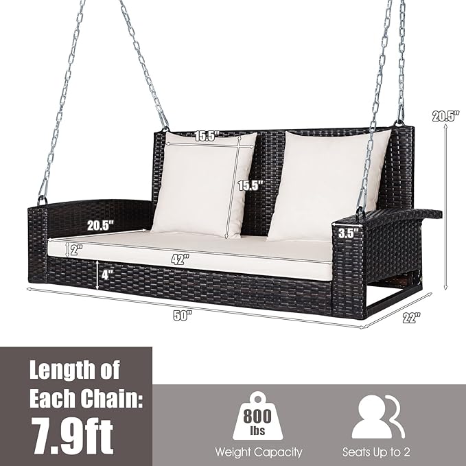 Tangkula 2-Person Wicker Porch Swing Patiojoy Outdoor Rattan Hanging Swing Bench W/ 2 Back Cushions &amp 1 Seat Cushion Sturdy Steel Chain 800lbs Weight Capacity