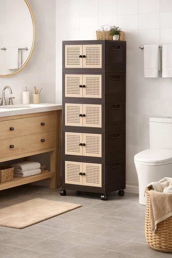 Foldable Plastic Storage Cabinet with Wheels Rattan-Style Doors Stackable Organizer with Magnetic DoorsStorage Boxes for Living Room Bedroom Office 5-Tier