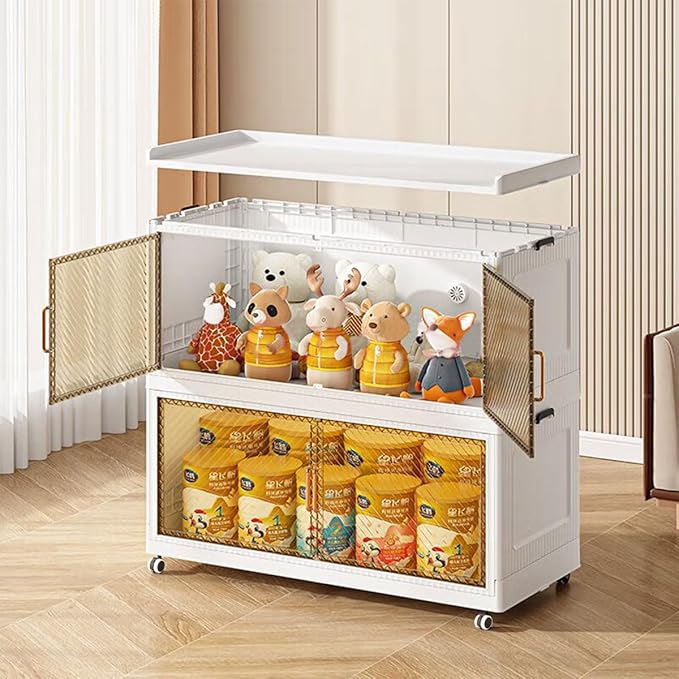 472QT Stackable Storage Bins with Lid118Gal Closet Organizers and Plastic Cabinets Shelves Collapsible Drawers with PET Clear Doors Foldable Boxes with Wheels for Home Office 3Pack