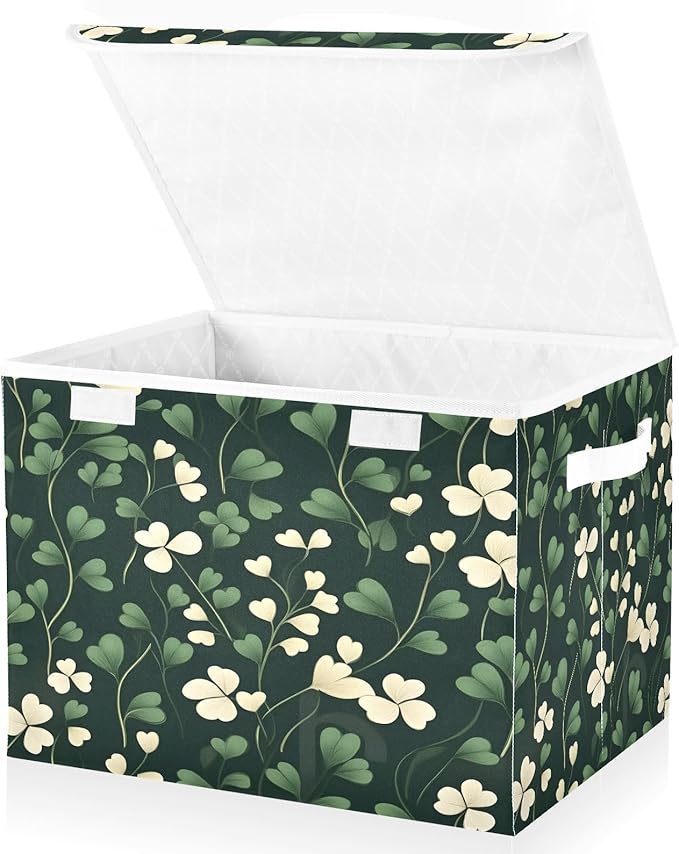 Shamrock Storage Baskets with Lids and Handles St. Patrick's Day Collapsible Bins Stackable Fabric Linen Baskets Closet Organizer Container 16.5x12.6x11.8