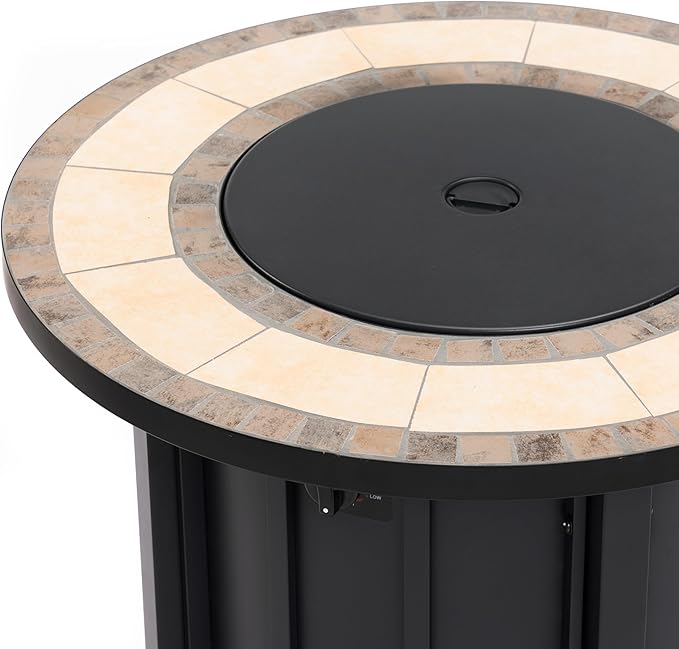 30'' Marble Ceramic Round Propane Fire Pit Table 50000 BTU Gas FirePit for Outdoor Fire Table with Lid Warmth &amp Ambience to Gatherings and Parties On Patio Deck Garden Backyard Black.